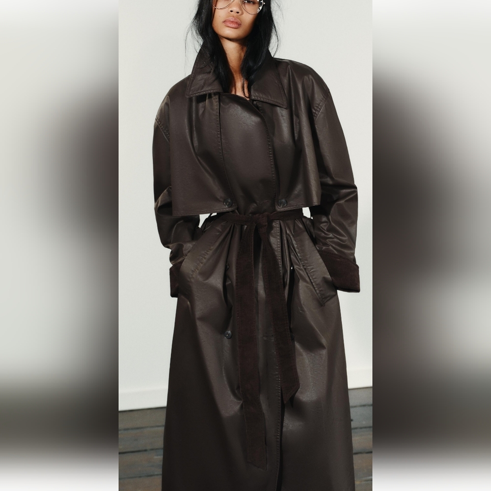 ZARA DARK BROWN WAXED TRENCH COAT WITH CORDUROY CUFFS ❤️‍🔥❤️‍🔥❤️‍🔥